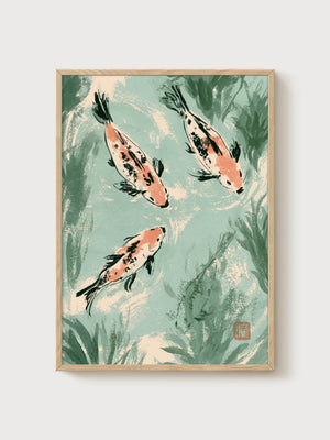 Koi Fish Wall Art poster in oak frame