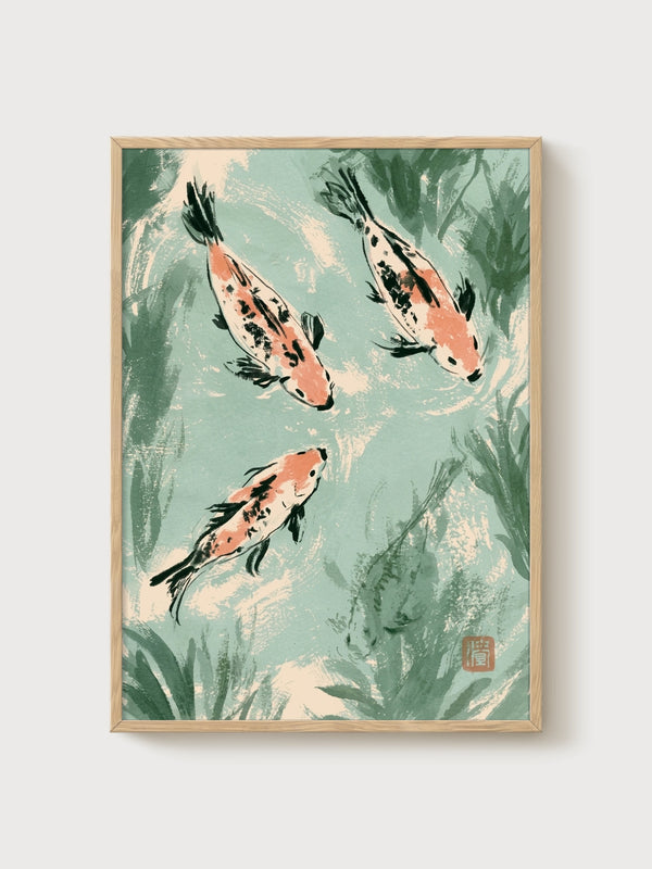 Koi Fish Wall Art poster in oak frame