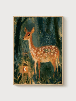 Deer Painting Forest Wall Art poster in oak frame