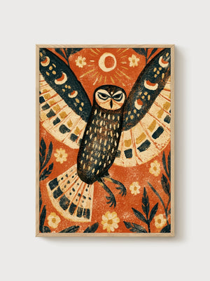 Owl Wall Art poster in oak frame