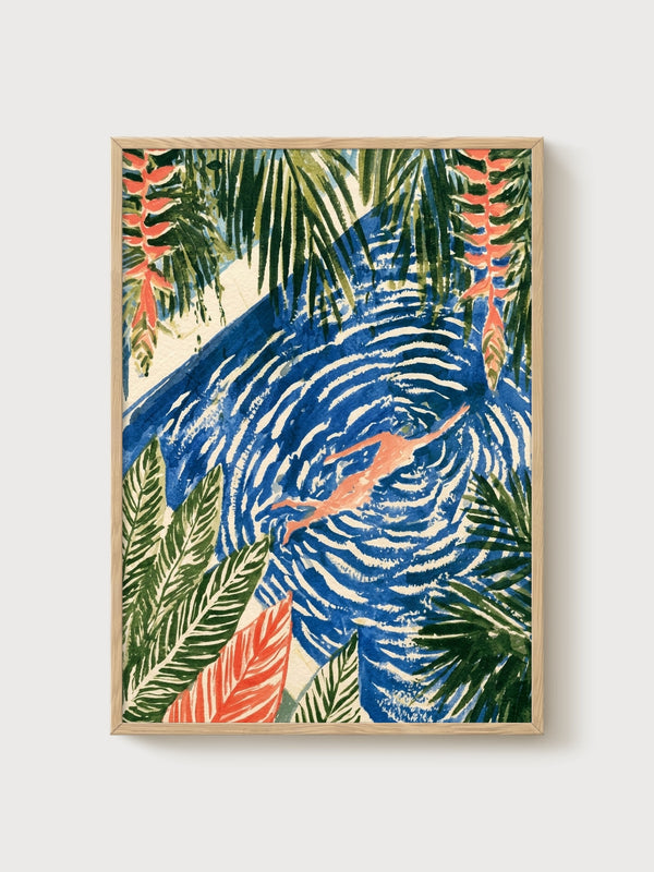 Art Nouveau Swimmer Print poster in oak frame