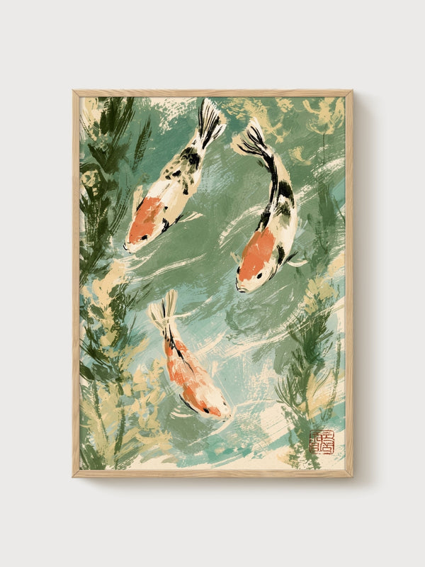 Koi Fish Wall Art poster in oak frame