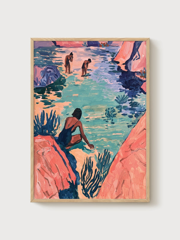 Coastal Canyon Bathers Watercolor Painting poster in oak frame