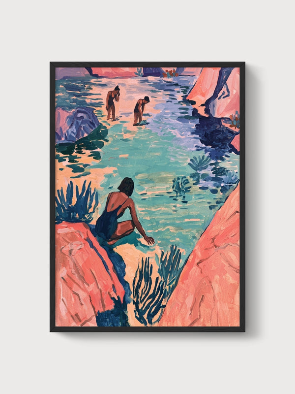 Coastal Canyon Bathers Watercolor Painting poster in black frame