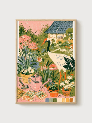 Crane Garden Art Print poster in oak frame