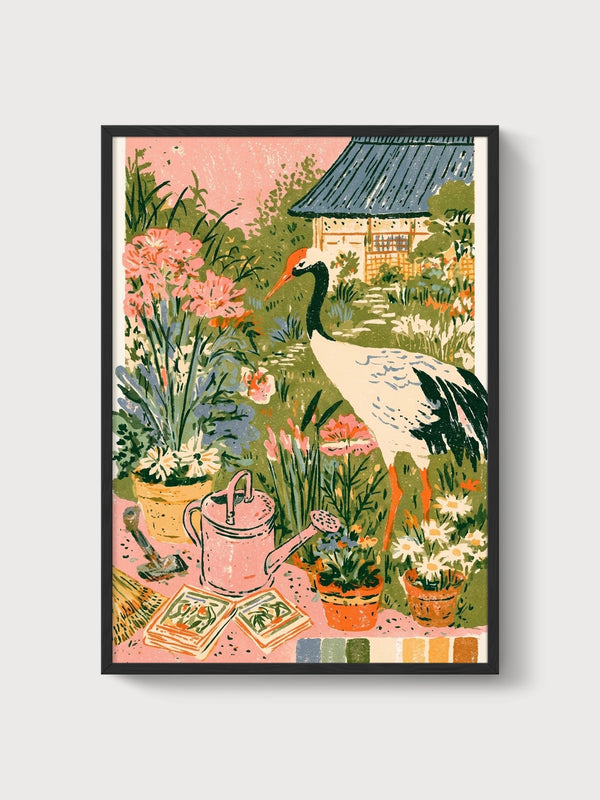 Crane Garden Art Print poster in black frame