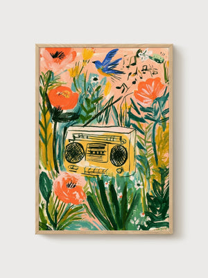 Bird Painting Boombox Garden Poster poster in oak frame