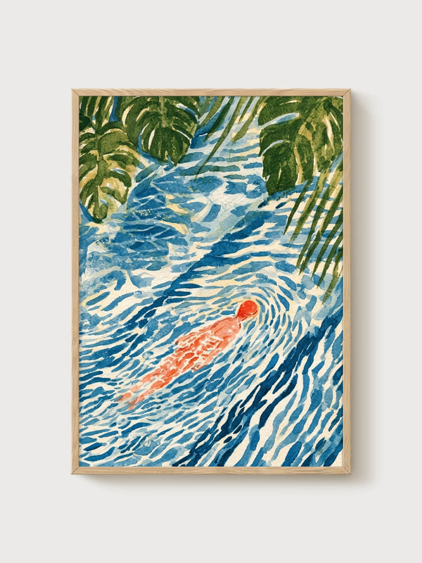 Watercolor Swimmer Stream Print poster in oak frame
