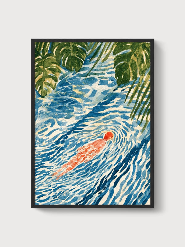 Watercolor Swimmer Stream Print poster in black frame