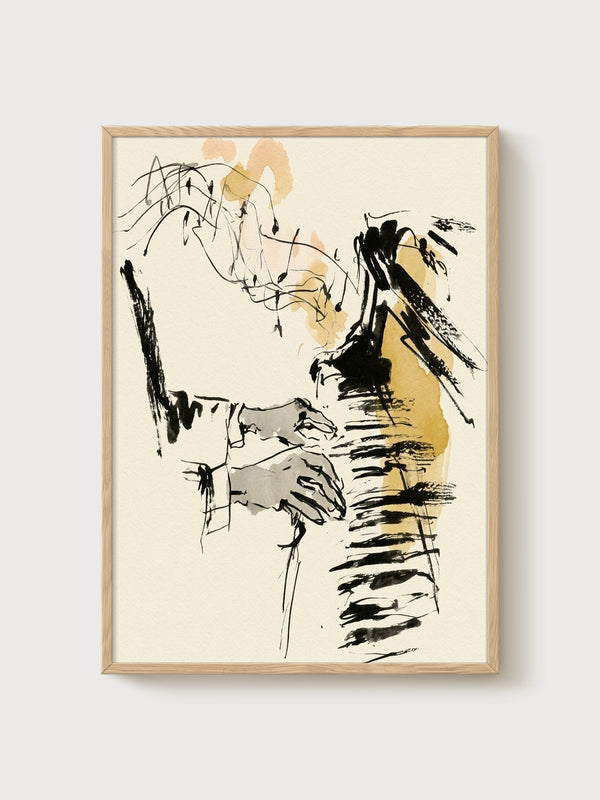 Pianist Hands Line Art Print poster in oak frame