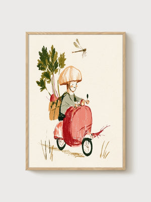 Whimsical Mushroom Boy Watercolor Print poster in oak frame