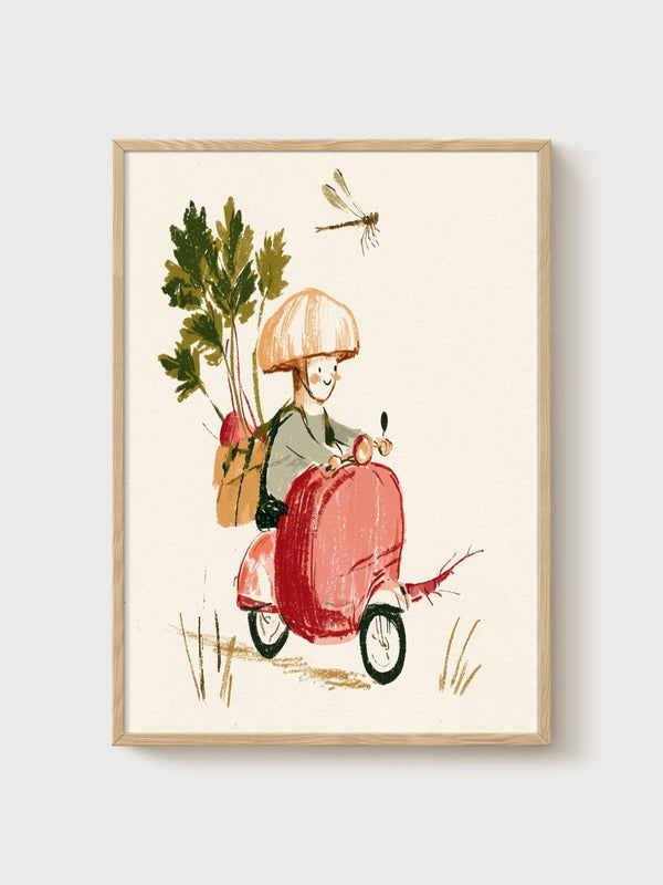 Whimsical Mushroom Boy Watercolor Print poster in oak frame