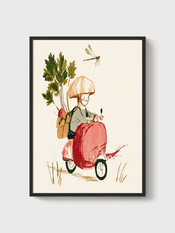 Whimsical Mushroom Boy Watercolor Print poster in black frame