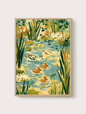 Marsh Painting Duck Family Pond Art poster in oak frame