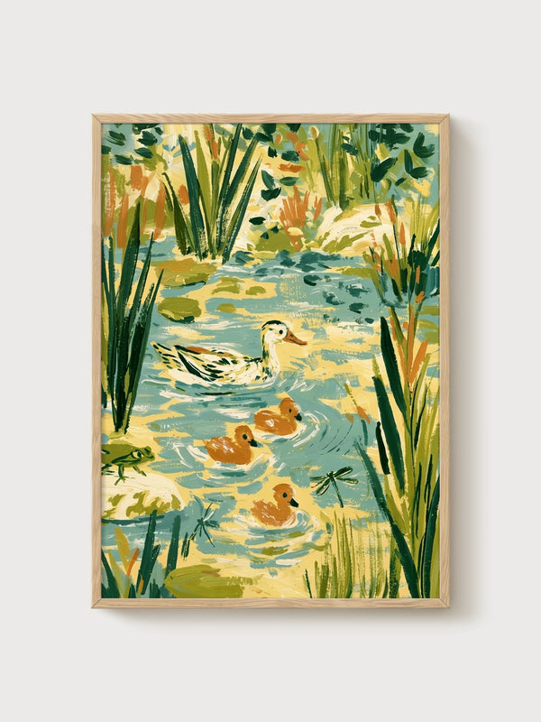 Marsh Painting Duck Family Pond Art poster in oak frame