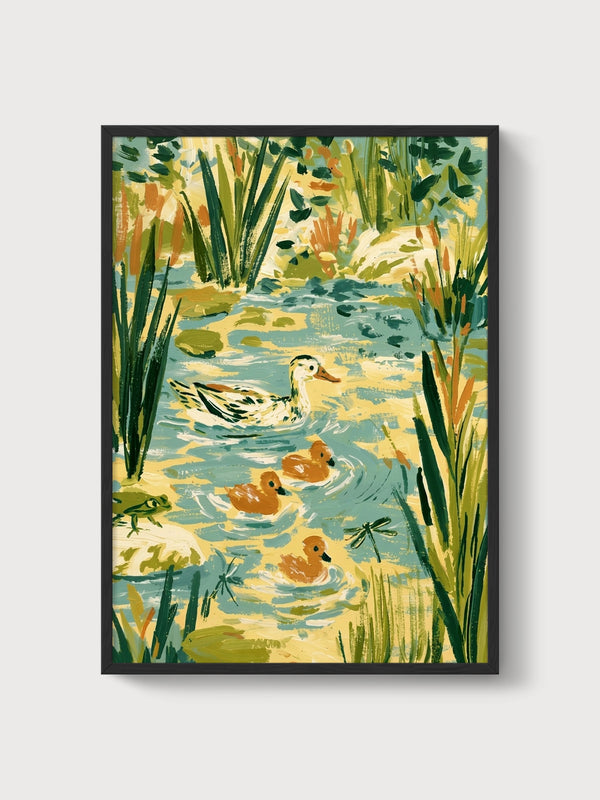 Marsh Painting Duck Family Pond Art poster in black frame