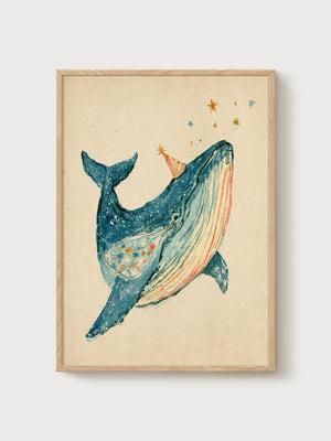 Watercolor Whale Painting poster in oak frame