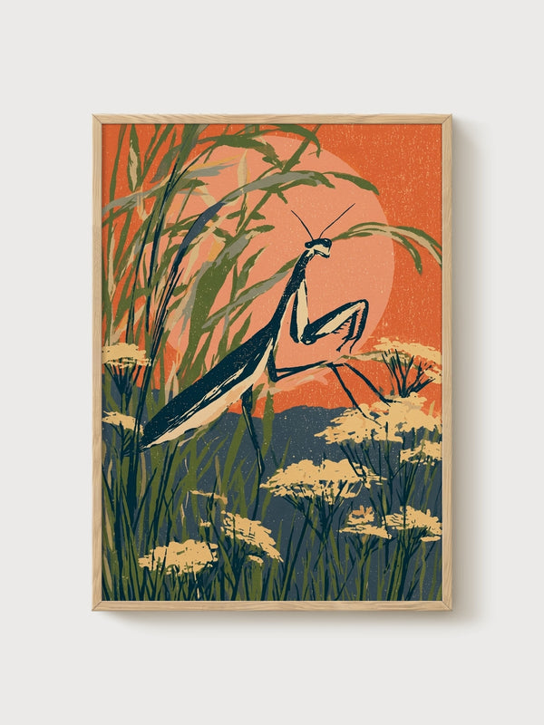 Praying Mantis Wall Art poster in oak frame