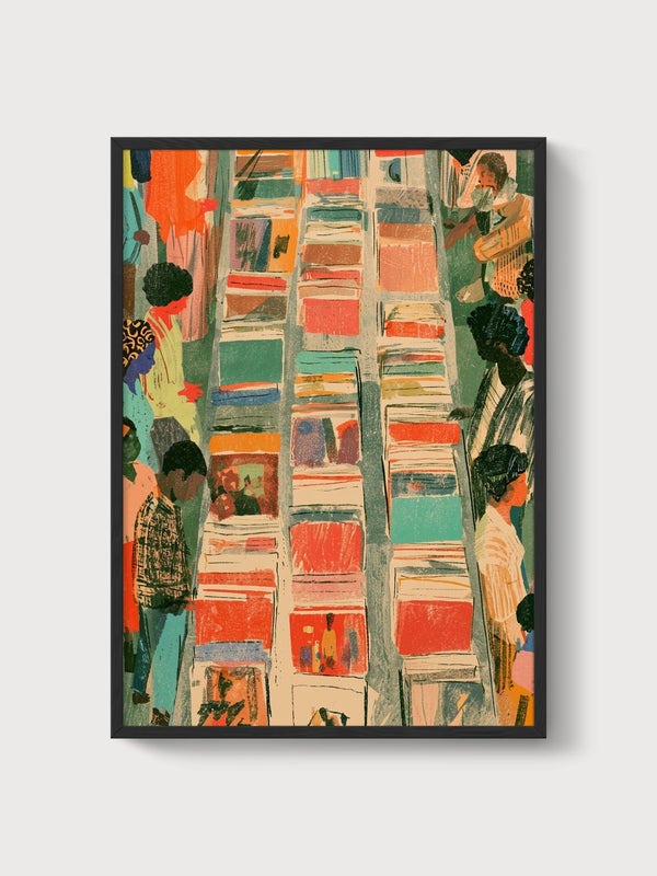 Retro Market Street Folk Art Print poster in black frame