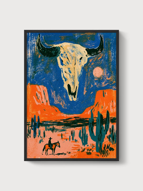 Cow Skull Desert Wall Art poster in black frame