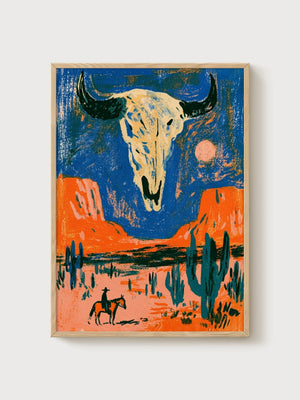 Cow Skull Desert Wall Art poster in oak frame
