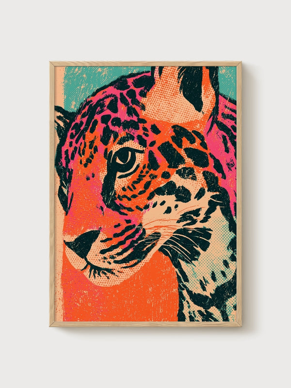 Leopard Wall Art poster in oak frame