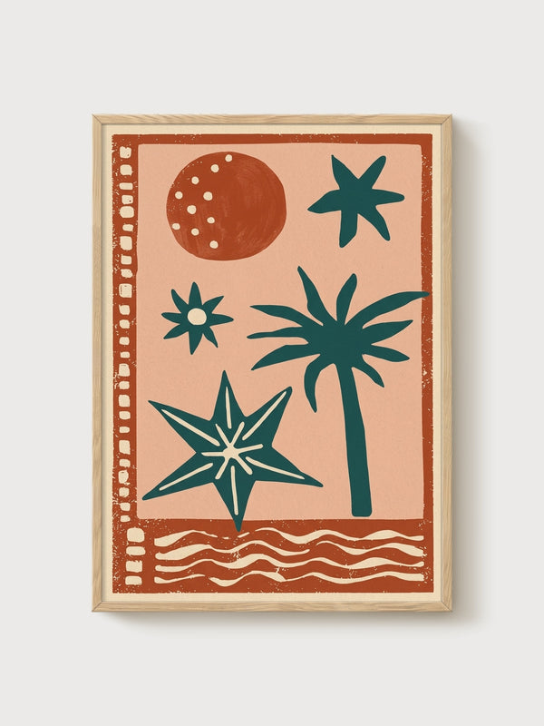 Palm Tree Sun Moon Wall Art poster in oak frame