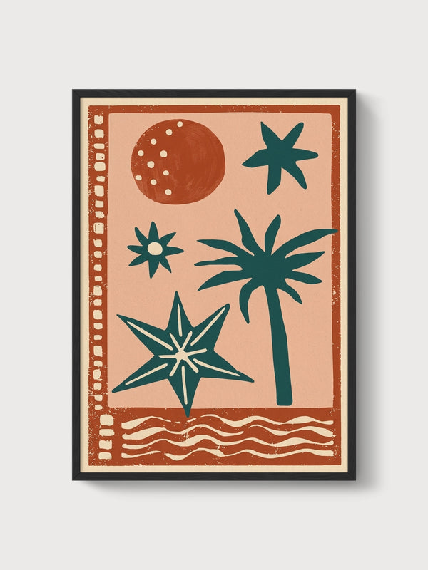 Palm Tree Sun Moon Wall Art poster in black frame