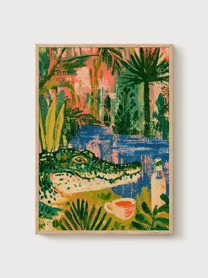 Alligator Swamp Watercolor Painting poster in oak frame