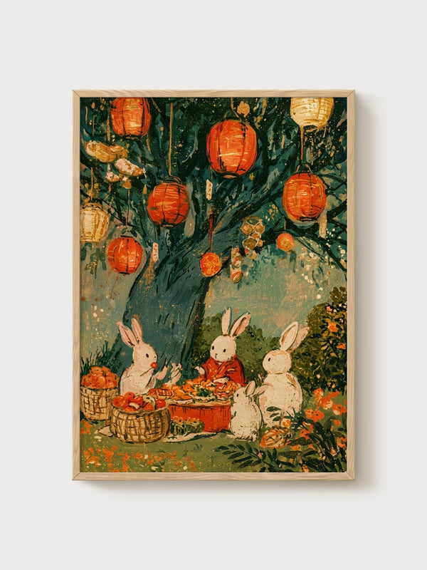 Rabbit Lantern Festival Print poster in oak frame