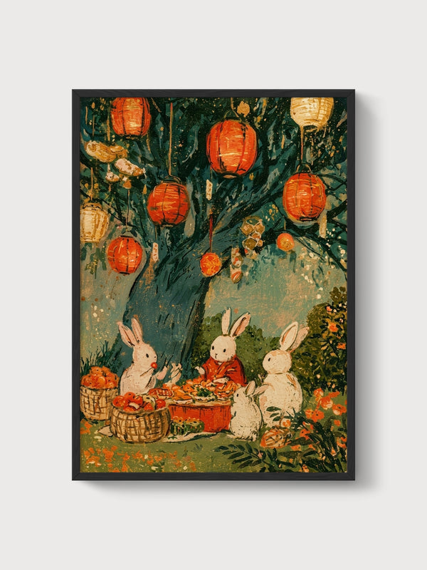 Rabbit Lantern Festival Print poster in black frame