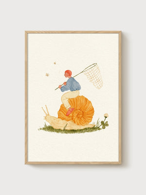 Whimsical Snail Rider Watercolor Print poster in oak frame