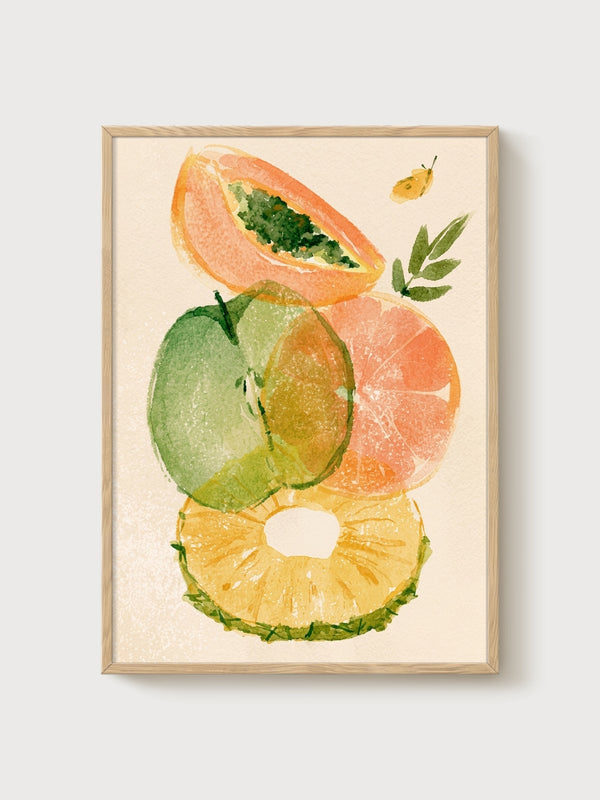 Watercolor Fruit Print poster in oak frame