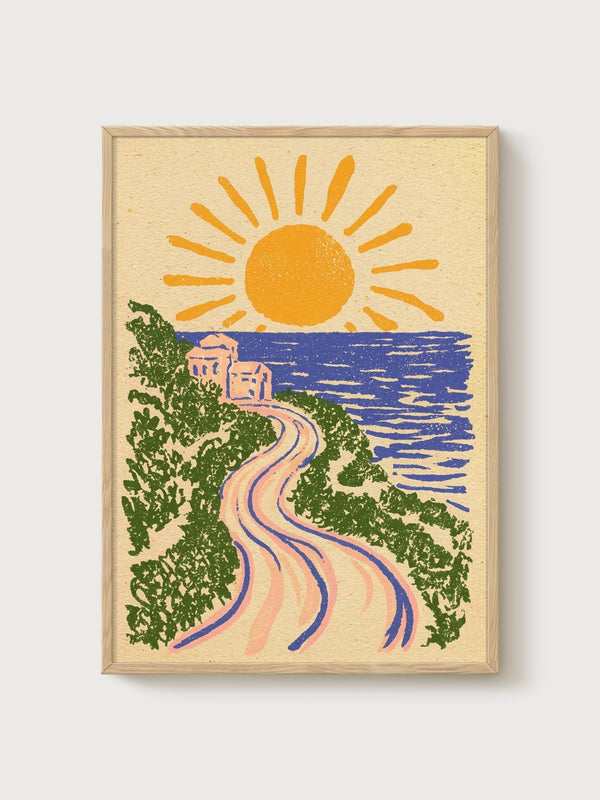 Retro Sun Ocean Poster poster in oak frame