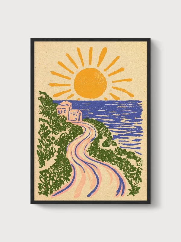 Retro Sun Ocean Poster poster in black frame