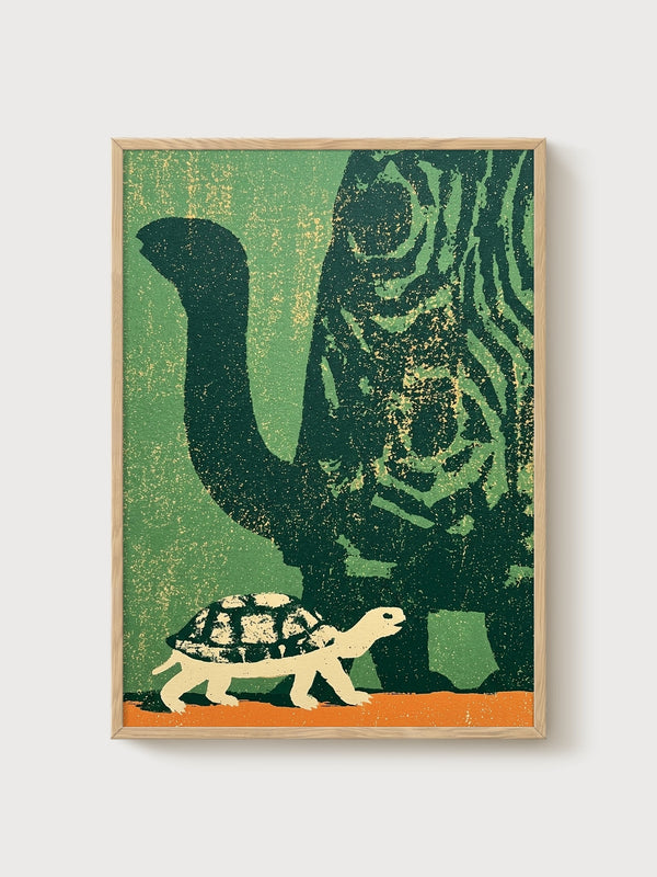 Elephant and Tortoise Poster poster in oak frame