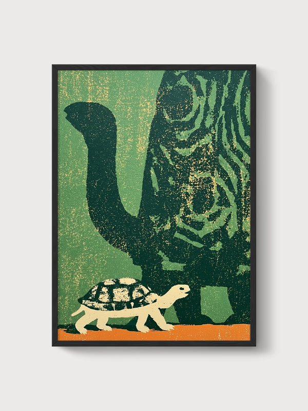 Elephant and Tortoise Poster poster in black frame