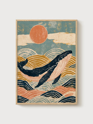 Whale Ocean Wall Art poster in oak frame
