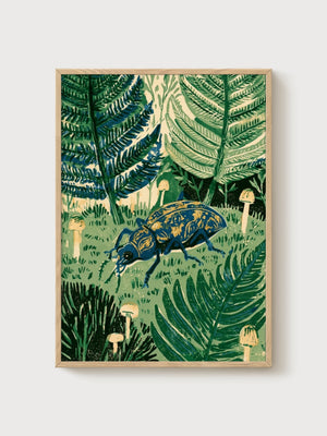 Beetle Art Nouveau Print poster in oak frame