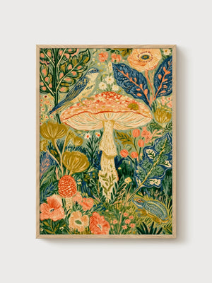 Mushroom Wall Art poster in oak frame