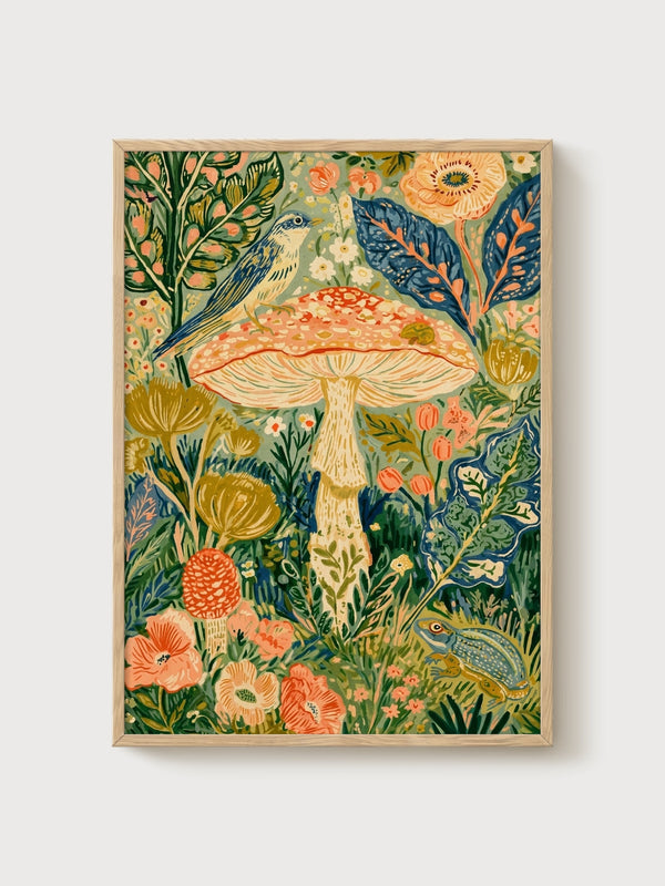 Mushroom Wall Art poster in oak frame