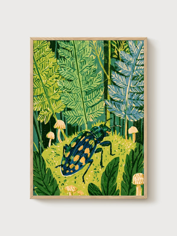 Beetle Forest Print poster in oak frame