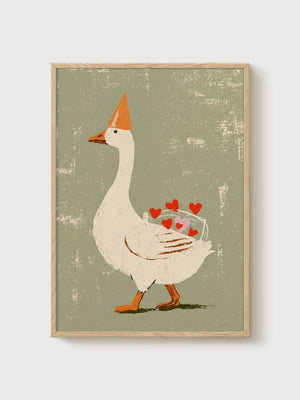 Silly Goose Print poster in oak frame