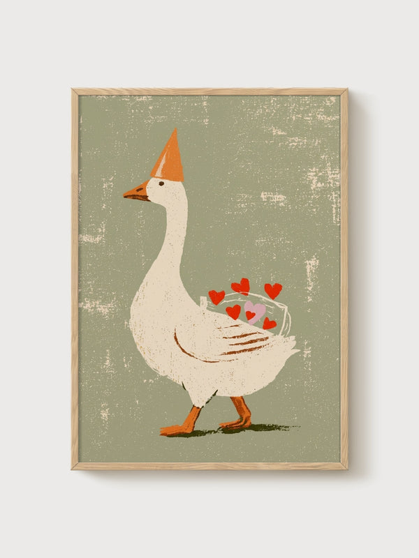 Silly Goose Print poster in oak frame