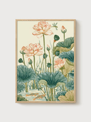Lotus Pond Watercolor Print poster in oak frame