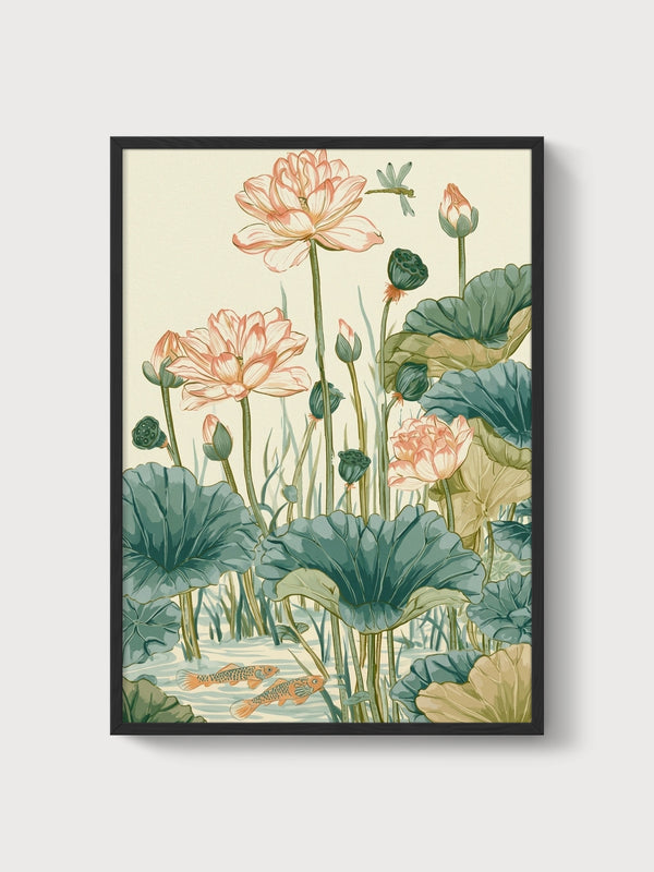 Lotus Pond Watercolor Print poster in black frame