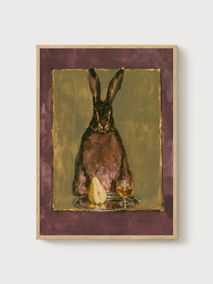 Grandmillennial Hare Portrait Art poster in oak frame