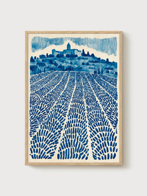 Lavender Field Watercolor Landscape Print poster in oak frame
