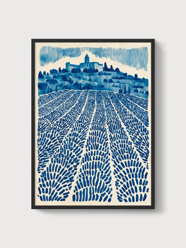 Lavender Field Watercolor Landscape Print poster in black frame