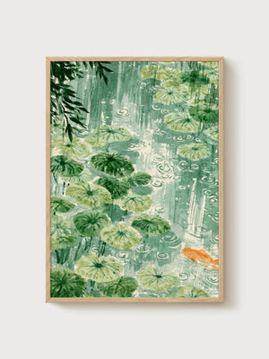 Koi Fish Water Lily Watercolor Painting poster in oak frame